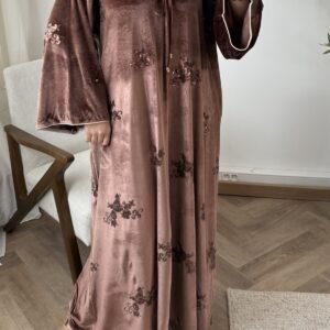 Abaya en velours, Robe Pailletée avec Poches – Taille Unique