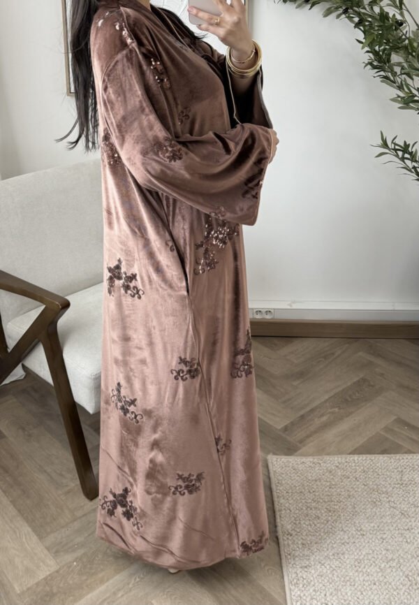 Abaya en velours, Robe Pailletée avec Poches – Taille Unique – Image 3
