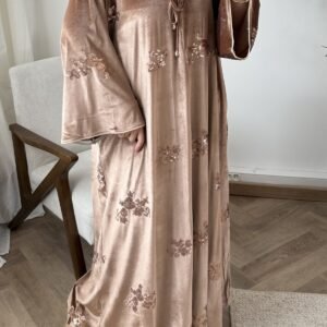 Abaya en velours, Robe Pailletée avec Poches – Taille Unique