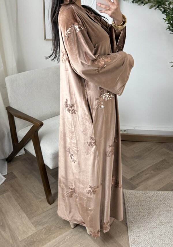 Abaya en velours, Robe Pailletée avec Poches – Taille Unique – Image 3