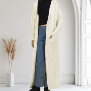 Cardigan Long, Gilet blanc en Grosse Maille avec Capuche et Poches