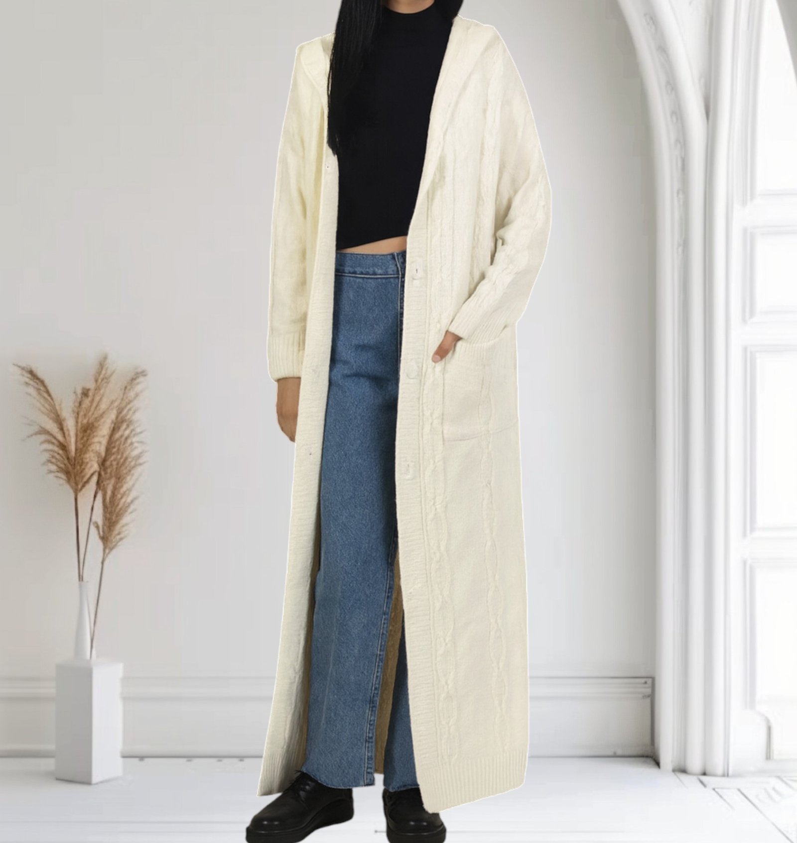 Cardigan Long, Gilet blanc en Grosse Maille avec Capuche et Poches