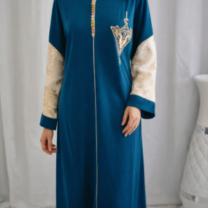 Gandoura en Crêpe de Soie – Bleu Pétrole – Manches Tlija