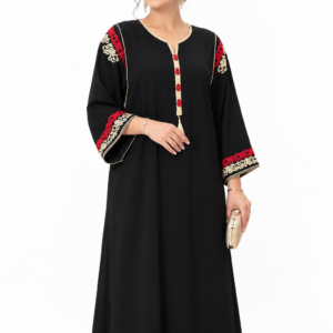 Gandoura marocaine Noire Style Caftan en Crêpe de Soie – Manches Brodées