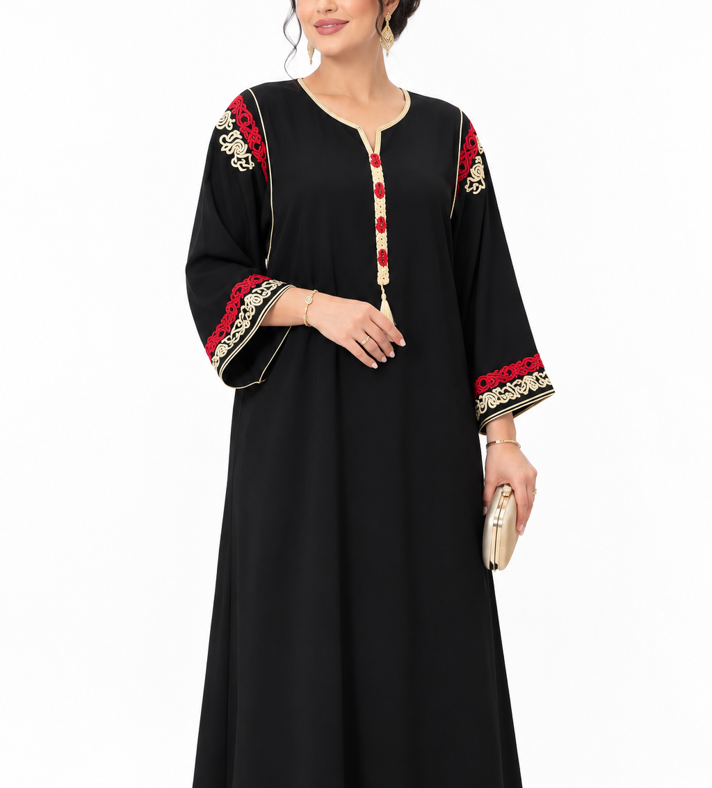 Gandoura marocaine Noire Style Caftan en Crêpe de Soie – Manches Brodées