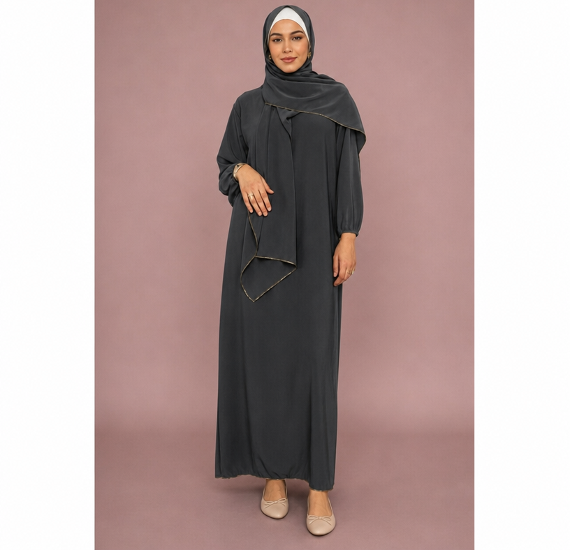 Abaya avec Voile Intégré Femme en soie de Médine - Gris foncé