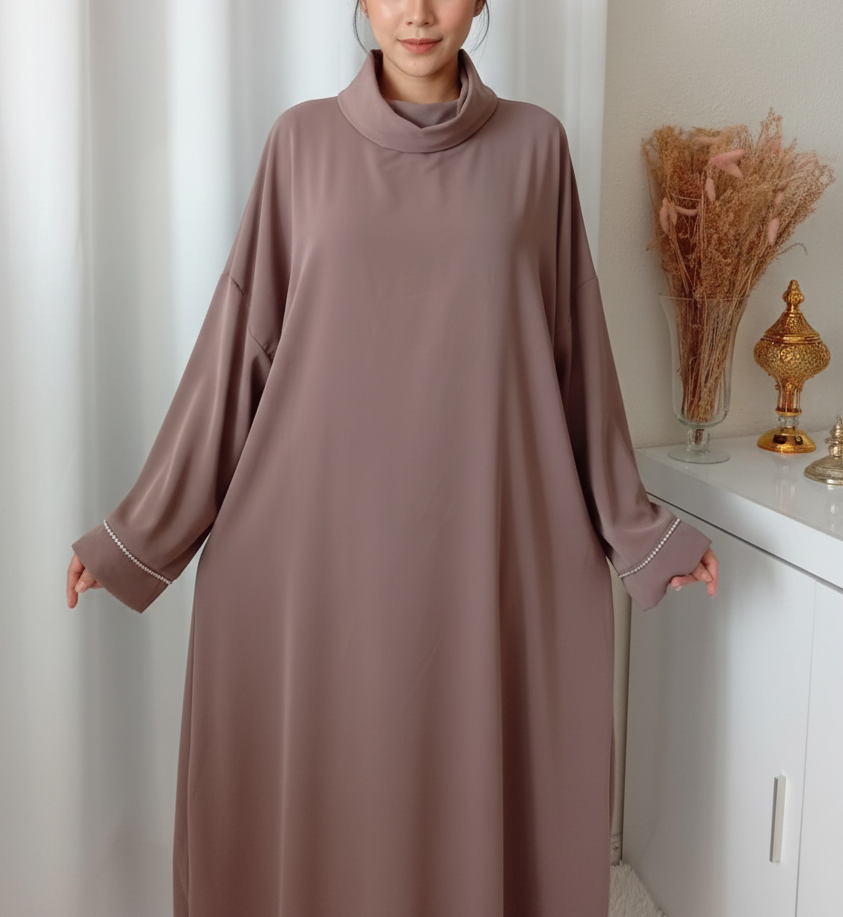 Abaya taupe-Voile intégré Femme – Robe de Prière en Soie de Médine
