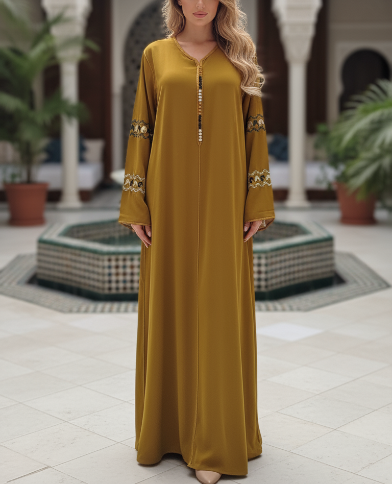 Caftan marocain Vert Olive,Robe longue en Crêpe de Soie