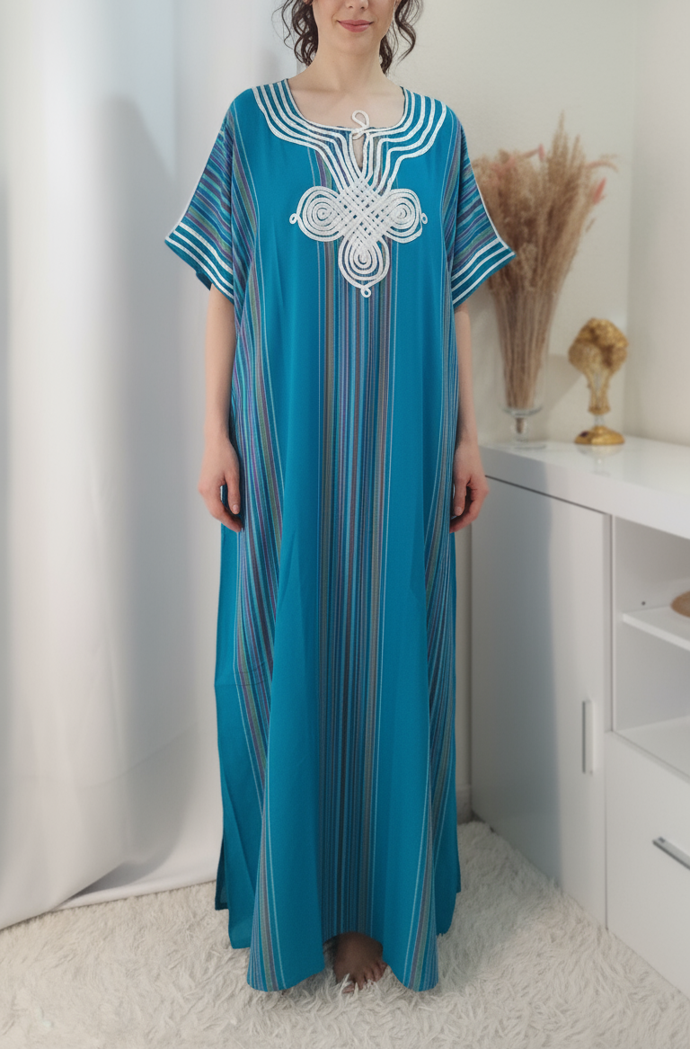 Gandoura marocaine de couleur turquoise, Robe longue en coton