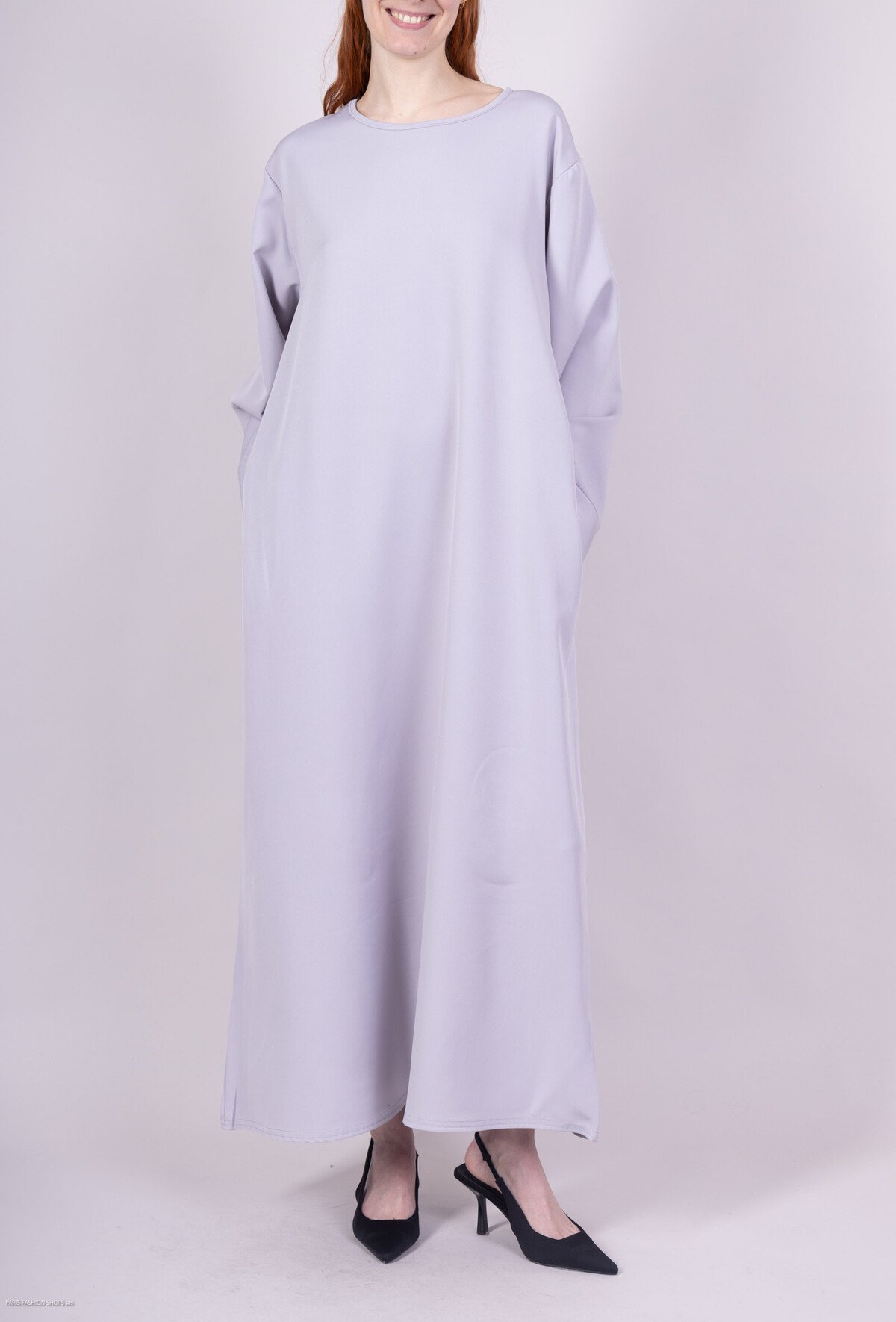 Abaya longue grise avec poches, Robe longue légère et fluide