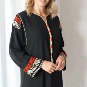Gandoura marocaine Noire Style Caftan en Crêpe de Soie – Manches Brodées