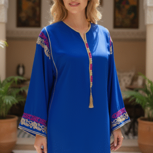 Gandoura bleu roi Style Caftan en Crêpe de Soie – Manches Brodées