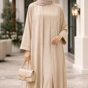Ensemble 2 Pièces Femme en Tissu Jazz – Robe Sans Manches et Kimono beige – Taille Unique (38 à 46)