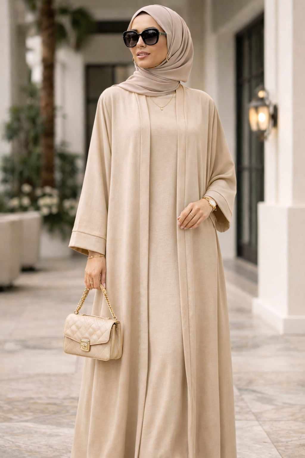 Ensemble 2 Pièces Femme en Tissu Jazz – Robe Sans Manches et Kimono beige – Taille Unique (38 à 46)