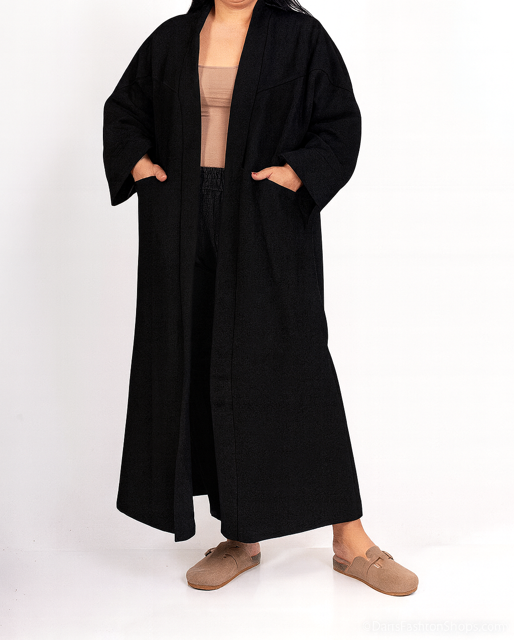 Manteau Long Moderne Noir Femme avec poches