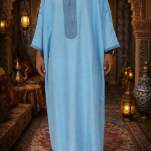 Gandoura Marocaine en Lin Bleu Clair – Taille 2XL