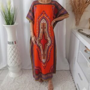 Robe caftan longue d'été pour femme en coton - Dashiki imprimé africain Taille unique