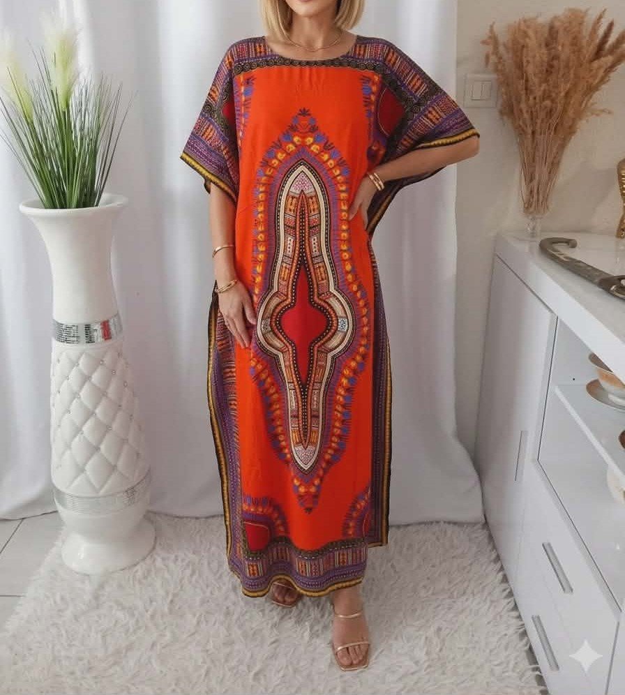 Robe caftan longue d'été pour femme en coton - Dashiki imprimé africain Taille unique
