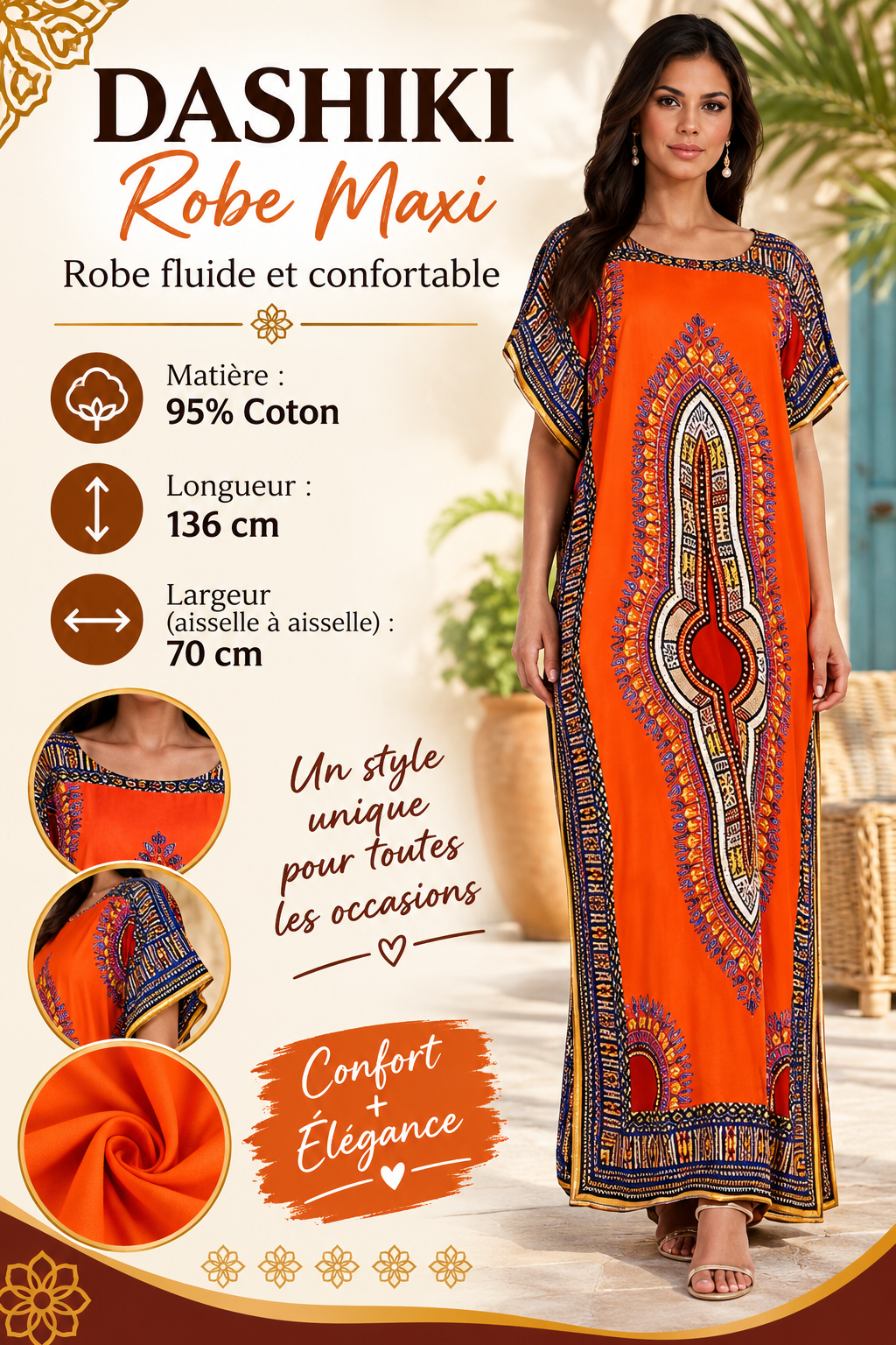 Robe gandoura longue d'été pour femme en coton - Dashiki imprimé africain Taille unique – Image 3