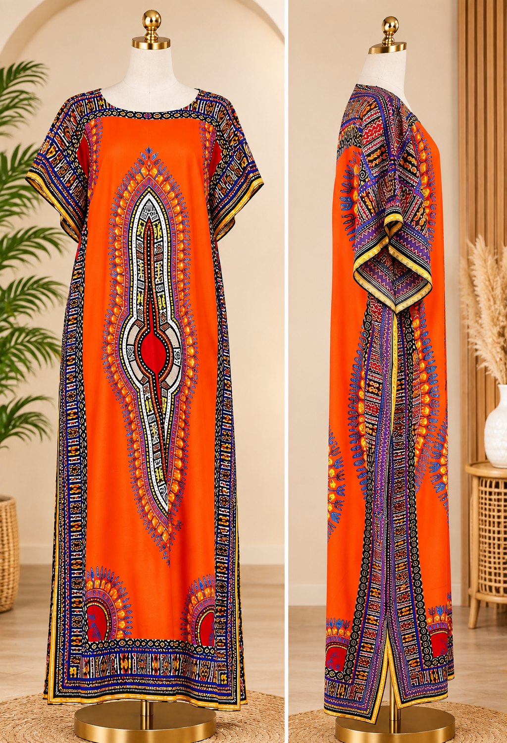 Robe gandoura longue d'été pour femme en coton - Dashiki imprimé africain Taille unique – Image 2