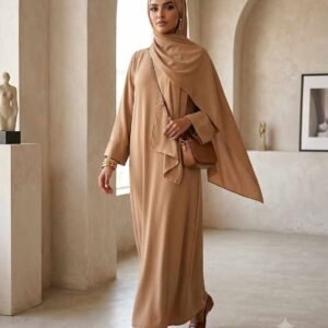 Abaya avec Voile Intégré – Taille Unique (36 à 46) – Gris, Caramel & Vert Pistache