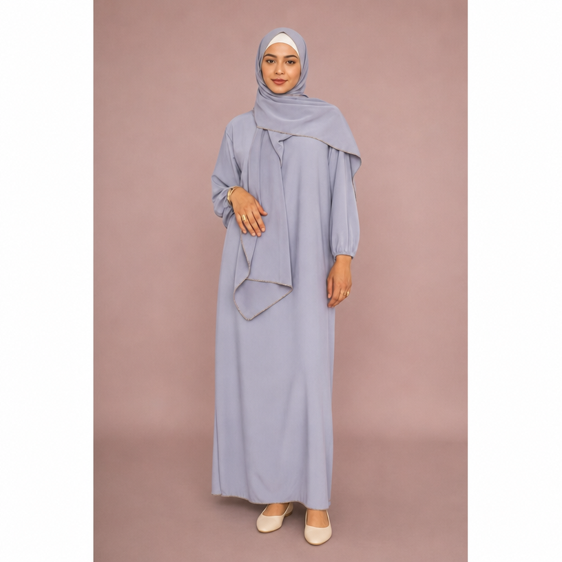 Abaya avec Voile Intégré En soie de Médine – Taille Unique (36 à 44) – Gris claire