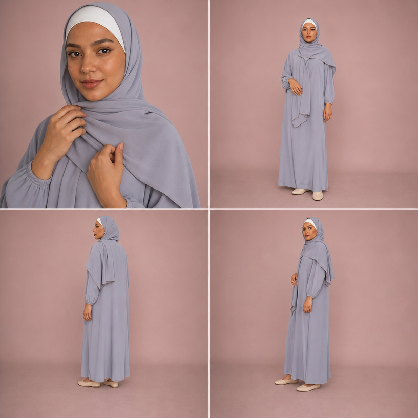 Abaya avec Voile Intégré En soie de Médine – Taille Unique (36 à 44) – Gris claire – Image 2