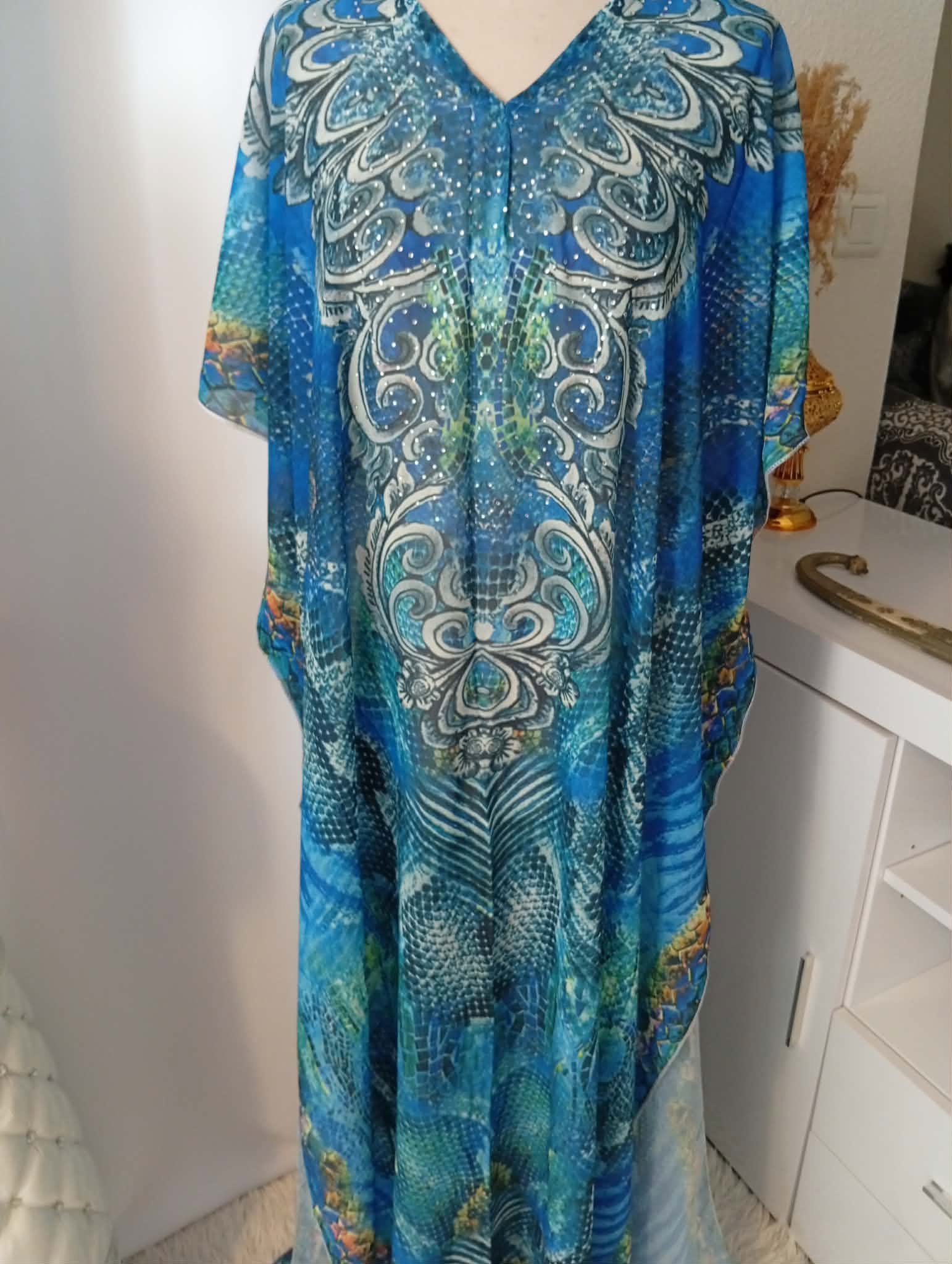 Robe Kaftan avec strass de plage- Robe longue bohème – Gandoura Taille unique Bleu turquoise – Image 3