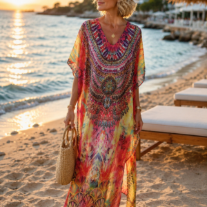 Robe Kaftan avec strass de plage- Robe longue bohème – Gandoura Taille unique jaune/ rose