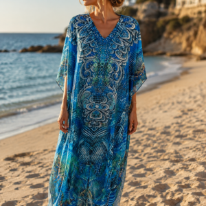 Robe Kaftan avec strass de plage- Robe longue bohème – Gandoura Taille unique Bleu turquoise