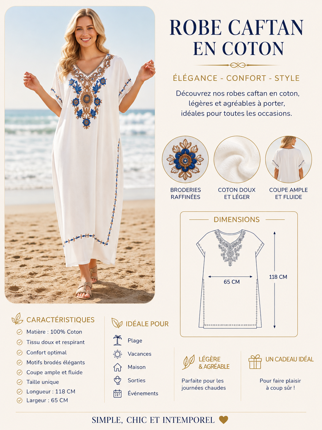 Robe Longue Femme kaftan en Coton Brodé – Taille Unique- blanche – Image 4