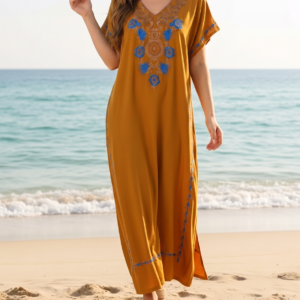 Robe Longue Femme De plage en Coton Brodé – Taille Unique –Camel