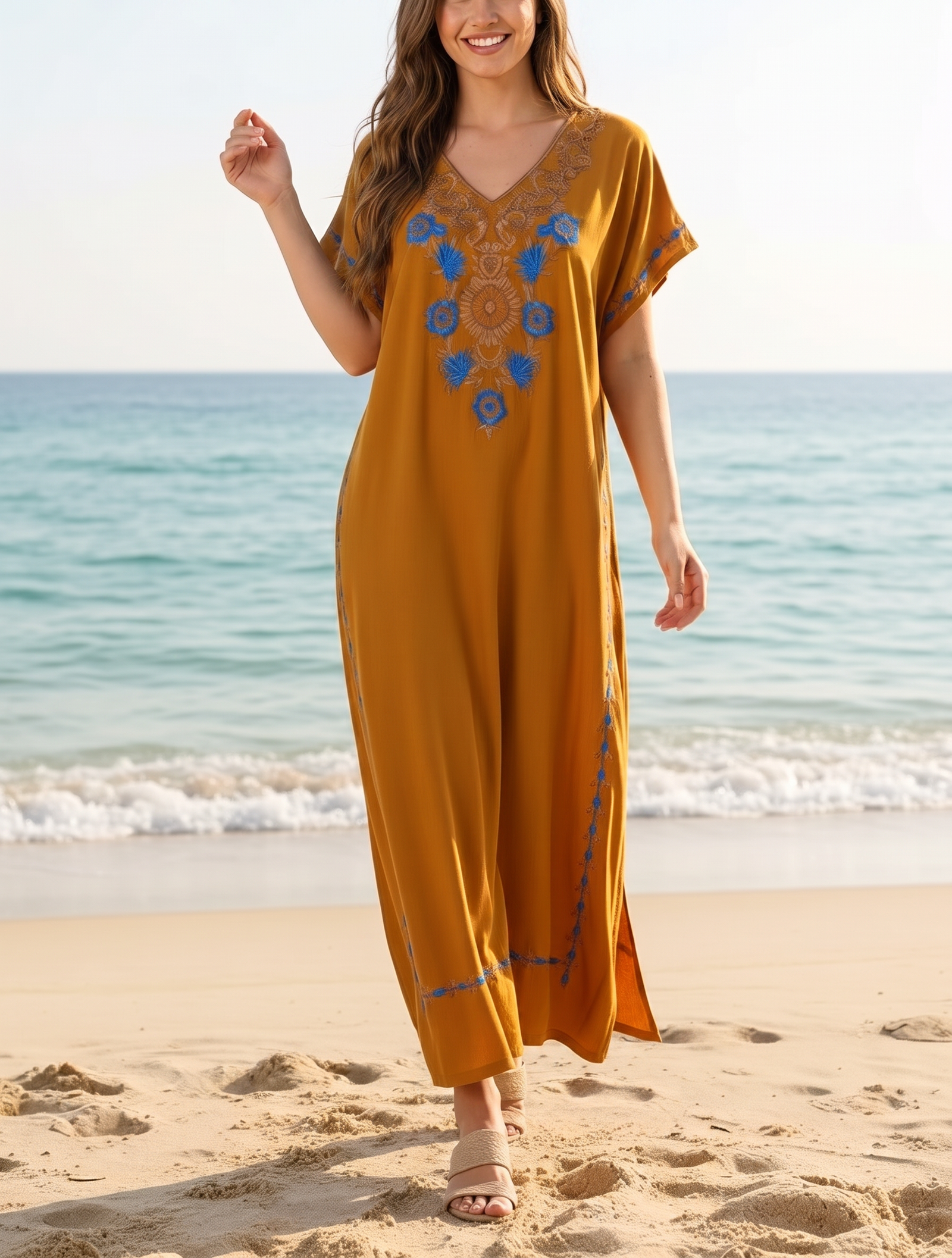 Robe Longue Femme De plage en Coton Brodé – Taille Unique –Camel
