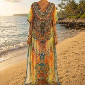 Robe Kaftan avec strass de plage bohème – Gandoura Taille unique jaune