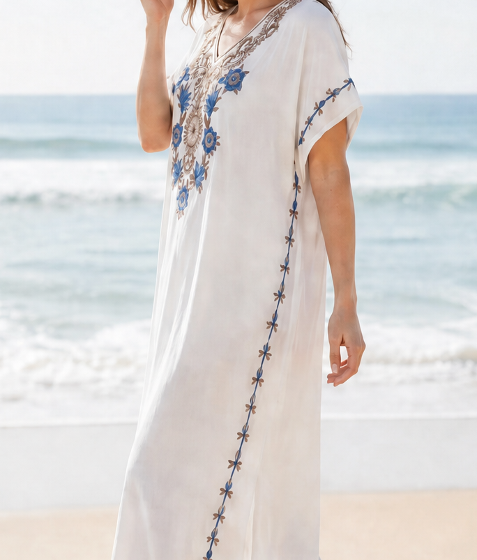 Robe Longue Femme kaftan en Coton Brodé – Taille Unique- blanche – Image 2