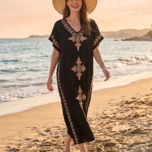 Robe Longue Femme Kaftan en Coton Brodé – Taille Unique 36 au 46 – Noir et Blanc