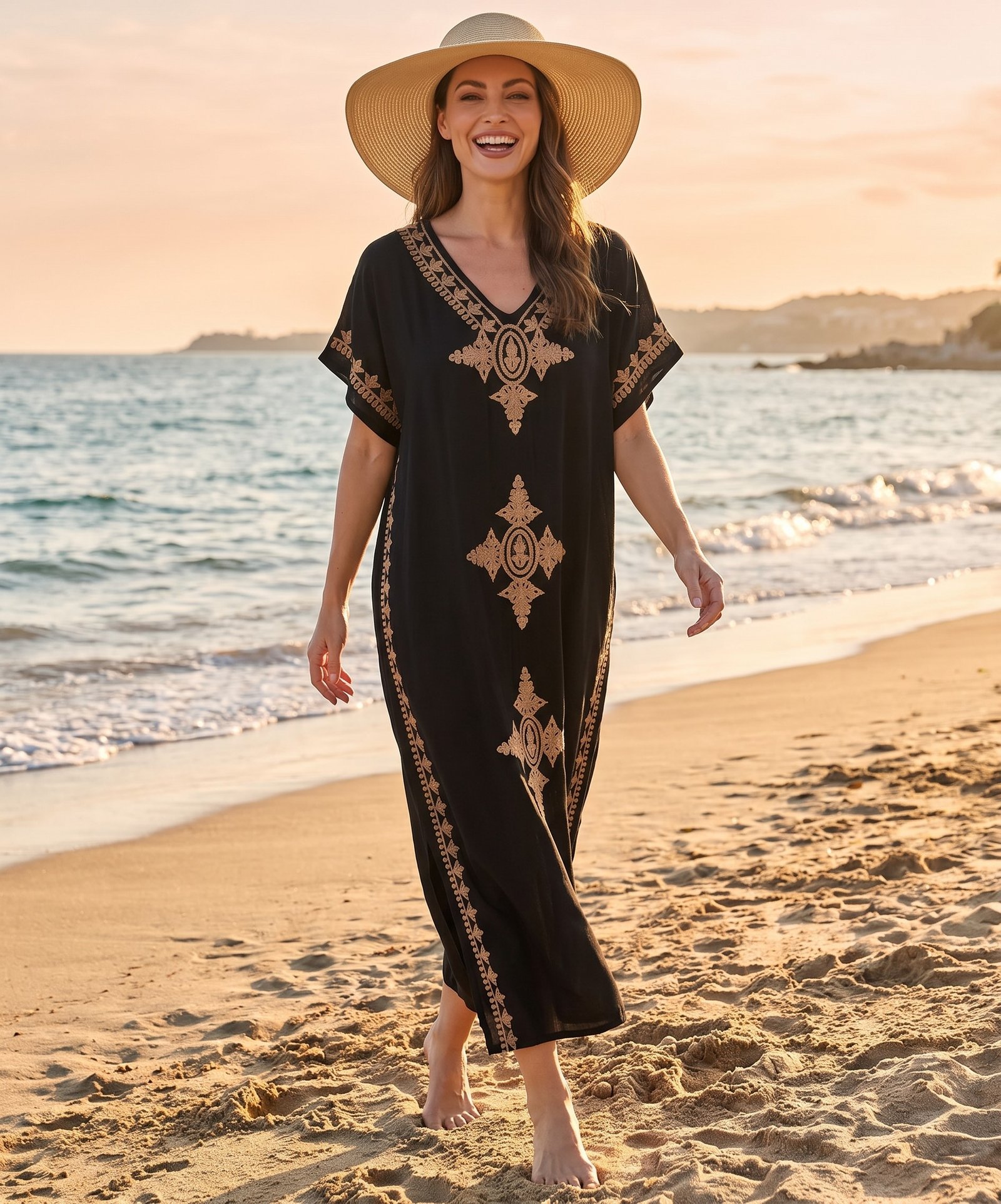 Robe Longue Femme Kaftan en Coton Brodé – Taille Unique 36 au 46 – Noir et Blanc