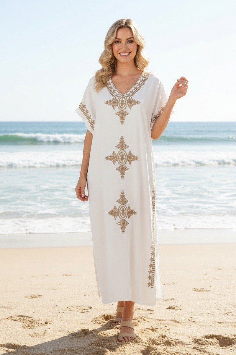 Robe Longue Femme Kaftan en Coton Brodé – Taille Unique 36 au 46 – Noir et Blanc – Image 5