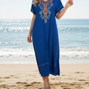 Robe Longue Femme de plage en Coton Brodé – Taille Unique – Bleu