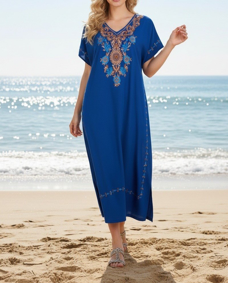 Robe Longue Femme de plage en Coton Brodé – Taille Unique – Bleu