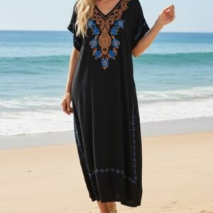 Robe Longue Femme kaftan en Coton Brodé – Taille Unique- noir