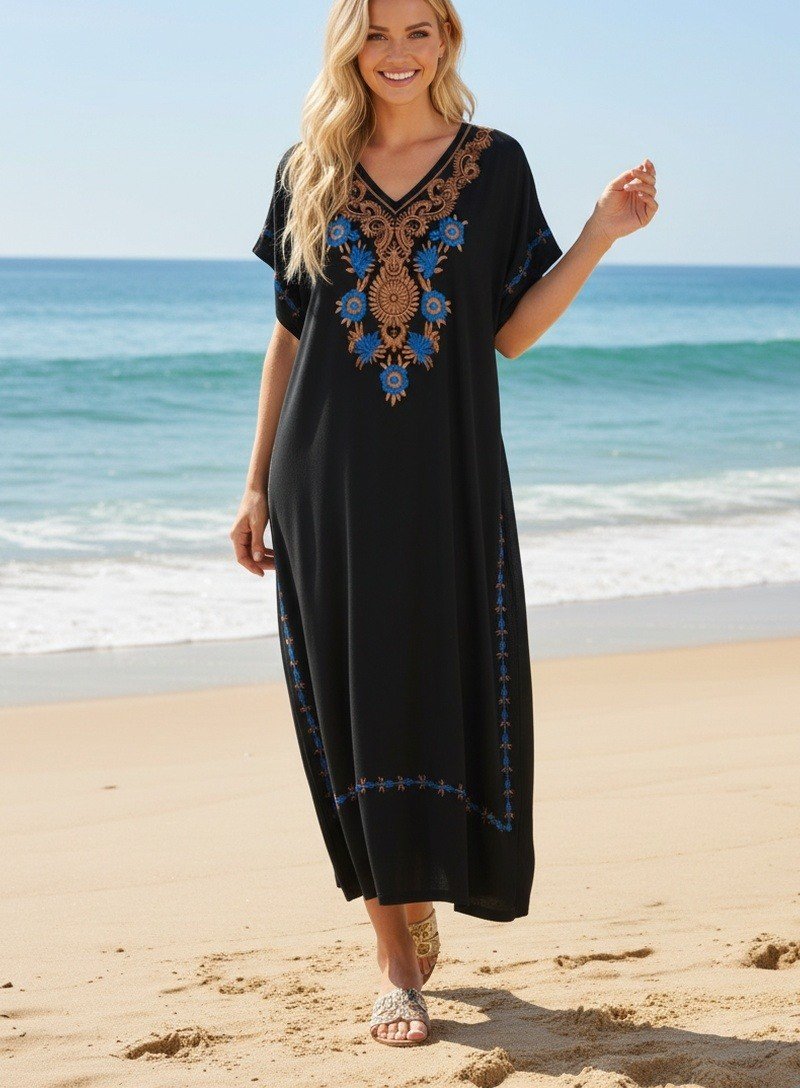 Robe Longue Femme kaftan en Coton Brodé – Taille Unique- noir