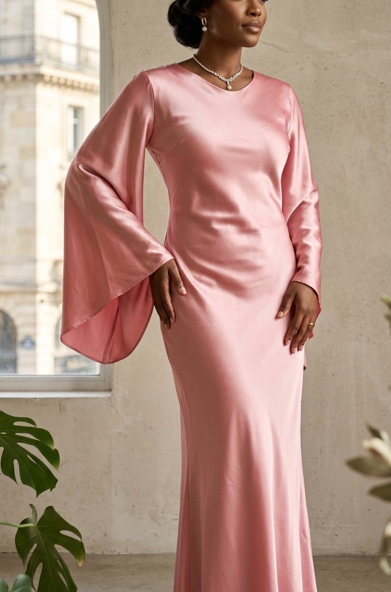 Robe en Satin Longue Rose saumon — Manches Évasées et Dos à Nouer